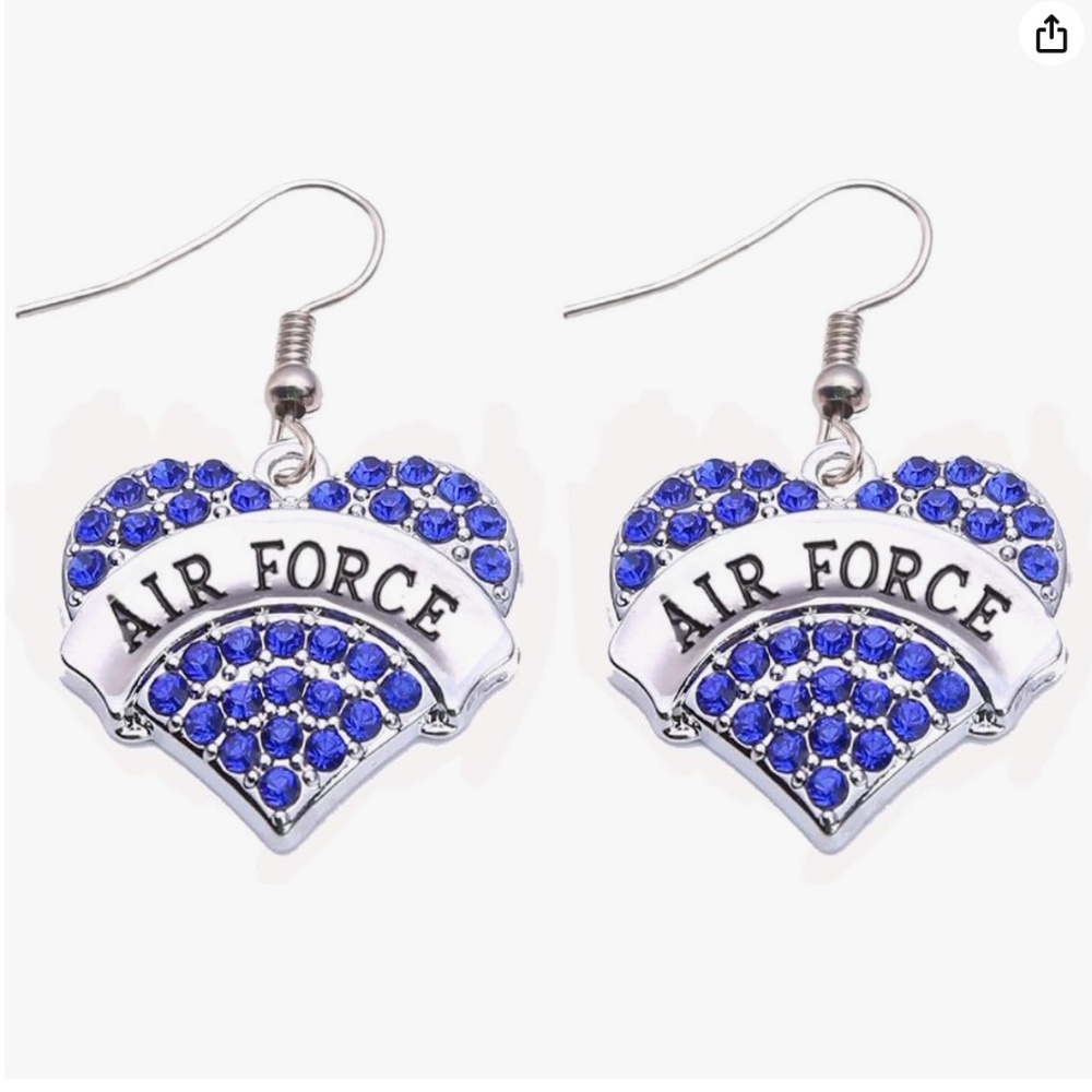 AIR FORCE Silver Engraved Letter Blue Crystal Rhinestone Drop Earrings Mom Heart